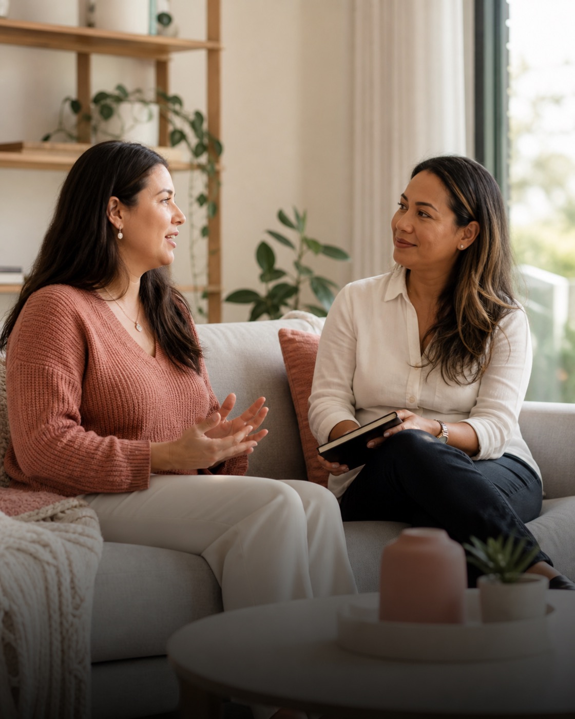 A participant leads a relaxed conversation with her support coordinator at home