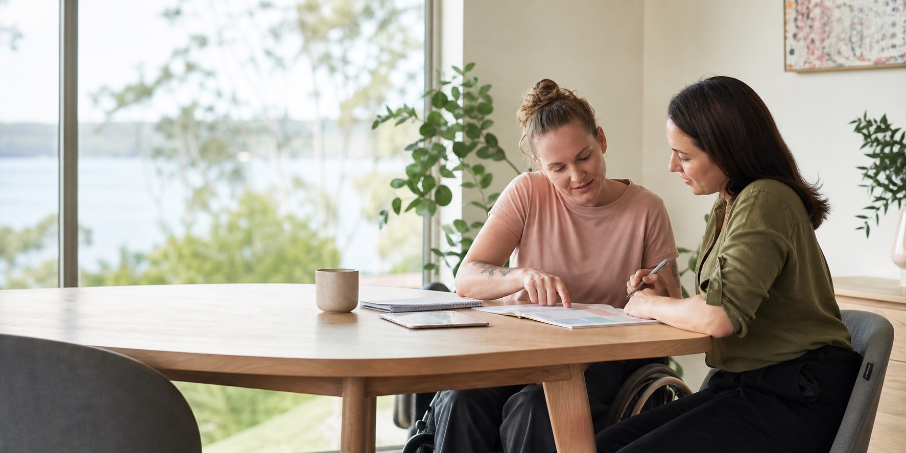 A participant speaking with an NDIS support coordinator in a calm, welcoming setting